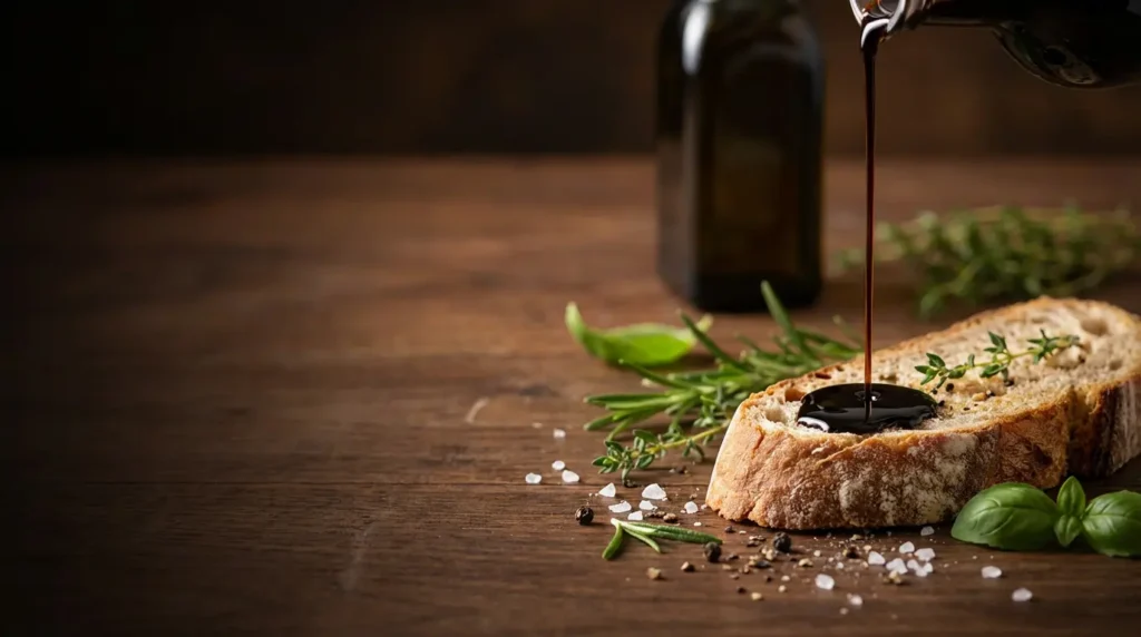 dar balsamic vinegar poured on a piece of bread