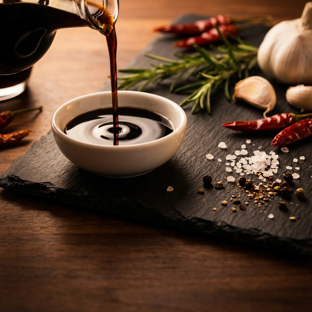 dark balsamic vinegar pouring from just out of frame into a small white ceramic dipping bowl, creating a ripple
