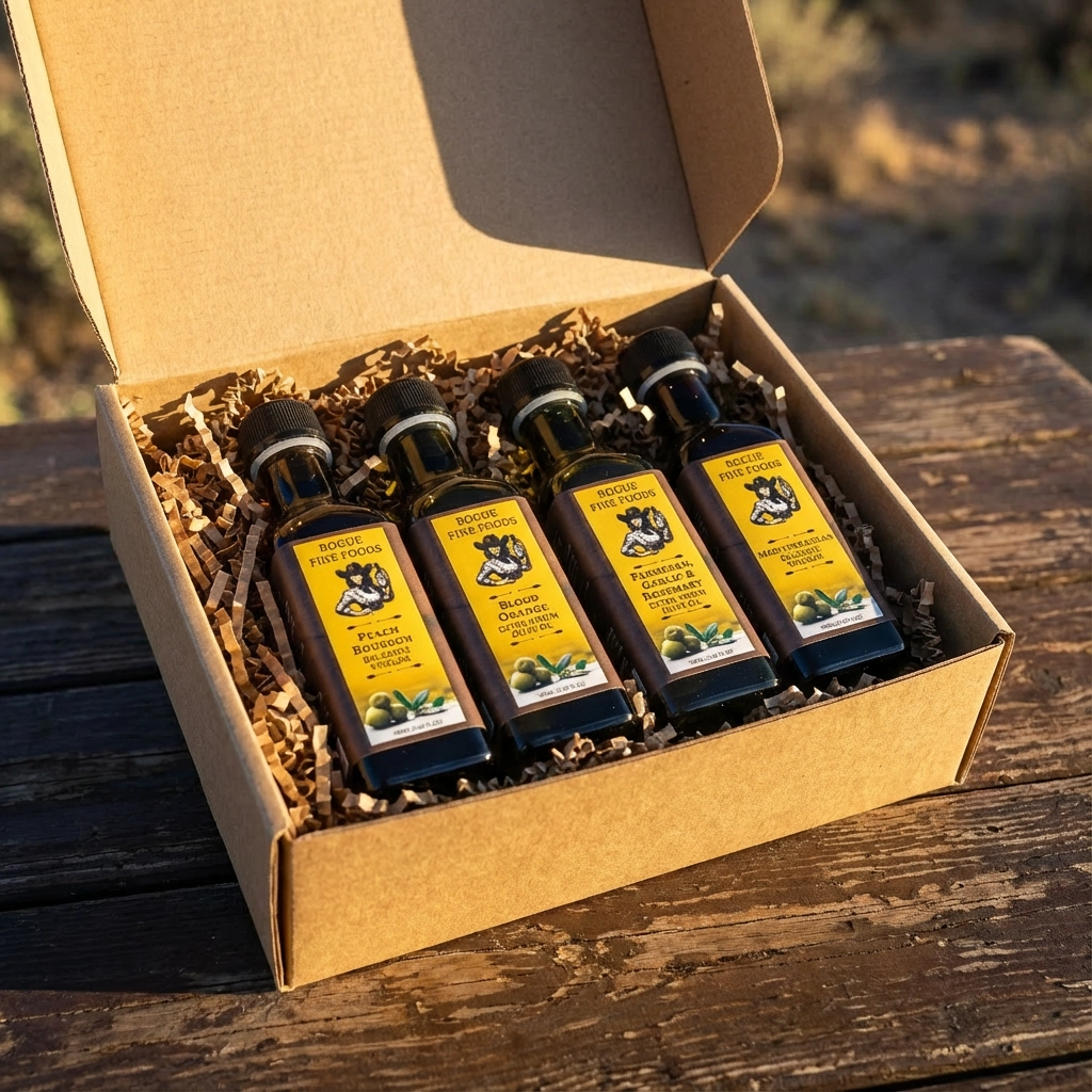 small bottle of balsamic vinegars and infused olive oils in a box