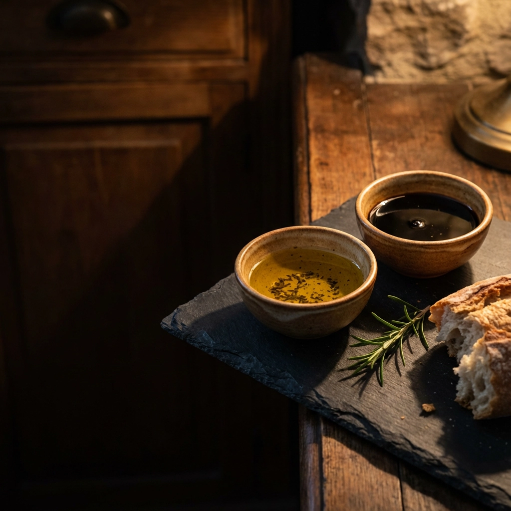 two small ceramic dipping bowls on dark stone
