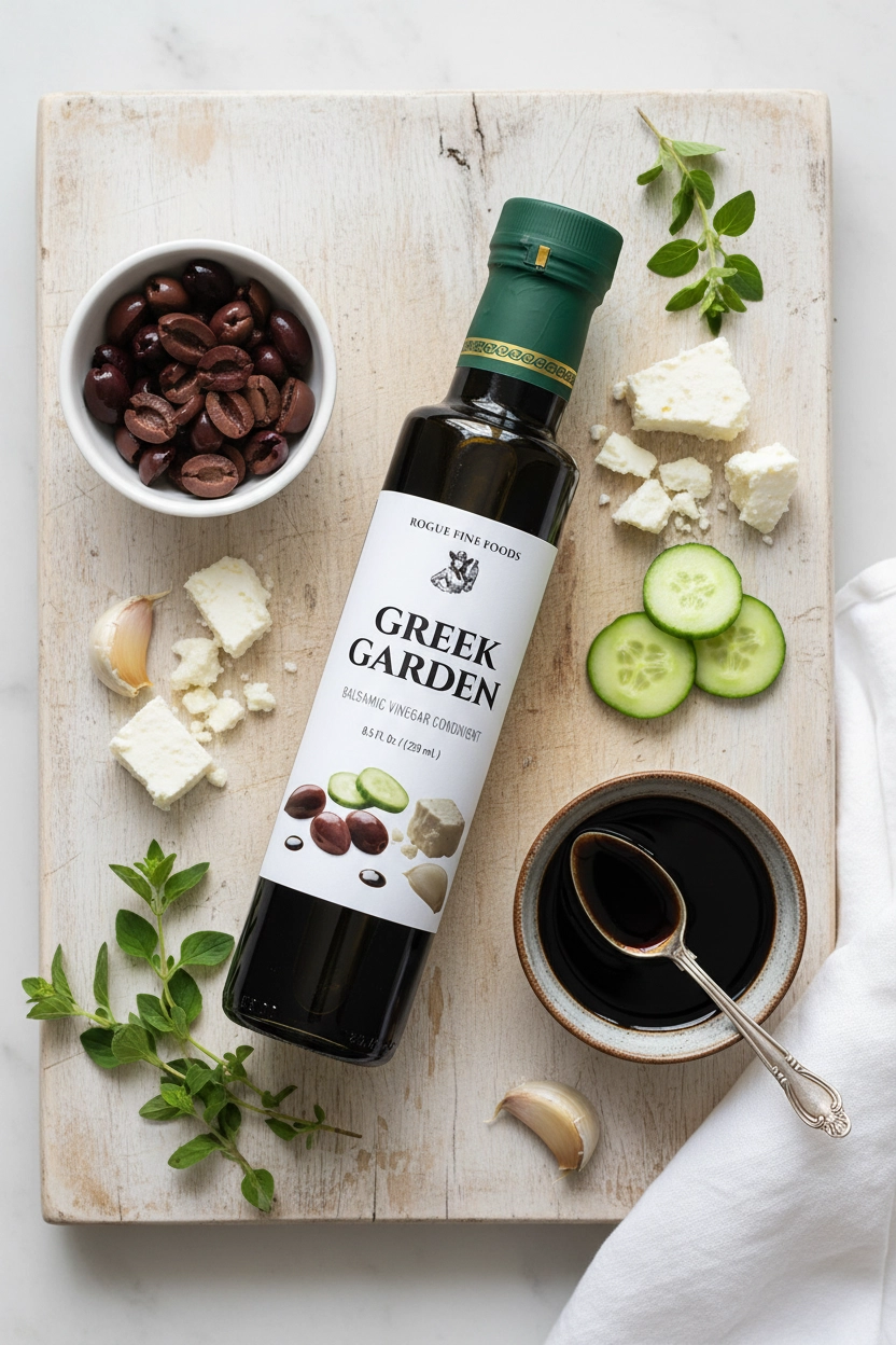 Olive oil, olives, feta, cucumbers, garlic