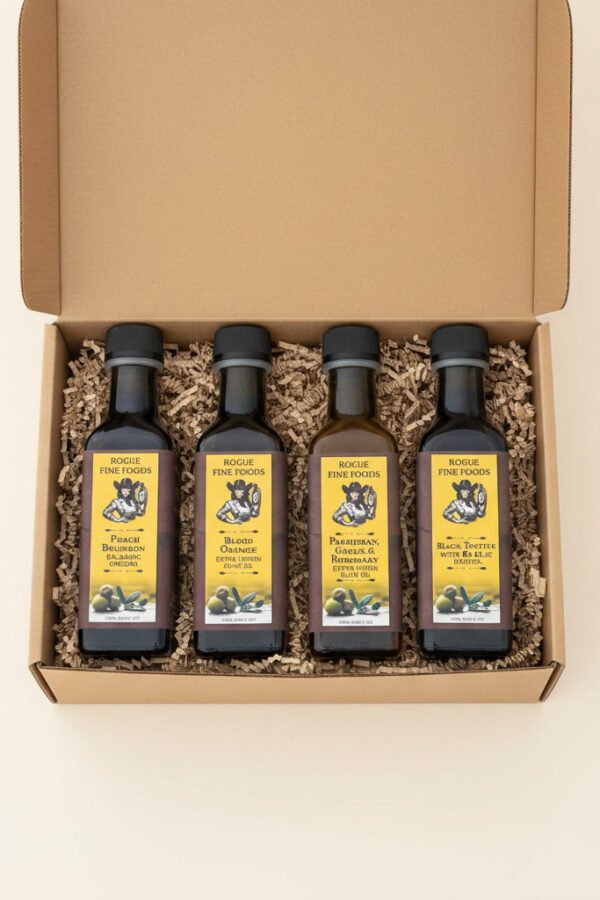 Four bottles of gourmet oils and vinegars